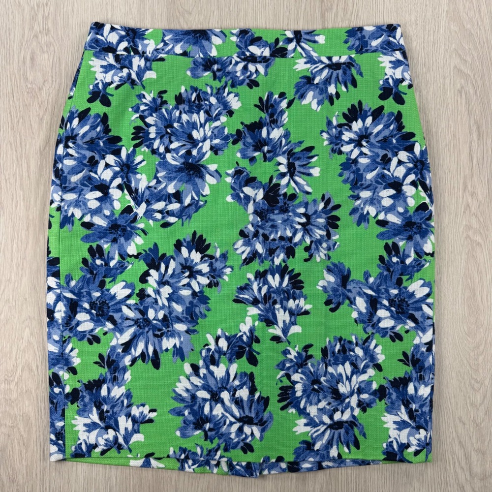Pencil Skirt J.Crew Womens 6 Green Blue Floral Cotton B8203 Knee Length